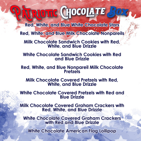 Patriotic Chocolate Box with assorted red, white, and blue chocolates for American holidays and celebrations.