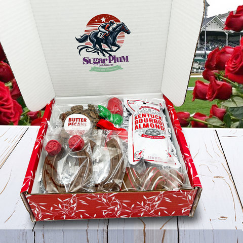 Kentucky Derby Chocolate & Nuts Box with Butter Pecans and Kentucky Bourbon Almonds, by Sugar Plum Chocolates.